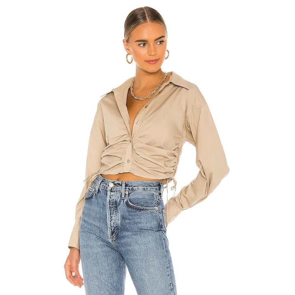 L'Academie Beige Ruched Crop Button-Up Blouse